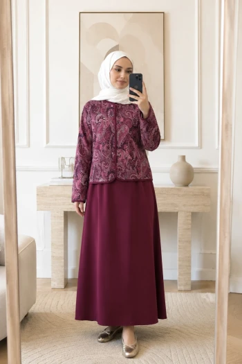 Bordo Etnik Desenli Ceket Etekli Takım