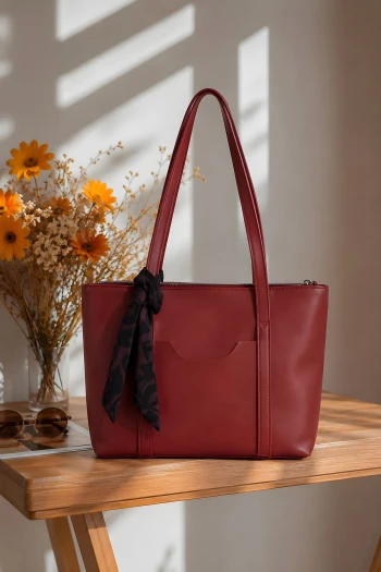 Bordo Fularlı Cepli El Ve Omuz Çantası