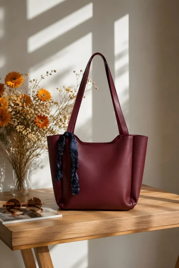 Bordo Fularlı Fermuarlı El Ve Omuz Çantası