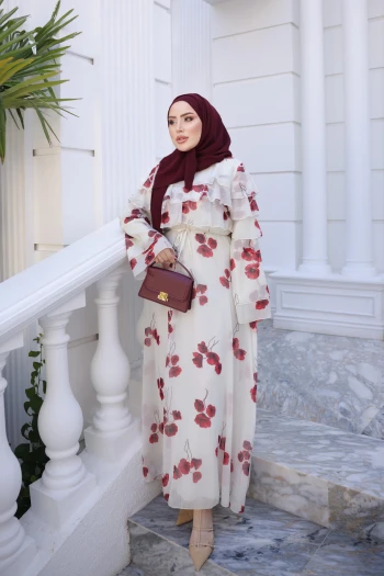 Bordo Kol Yaka Fırfırlı Desenli Elbise