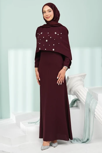 Bordo Ön Pelerin Detaylı Taşlı Abiye