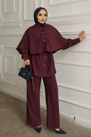 Bordo Pelerin Detaylı Tunik Pantolonlu Takım