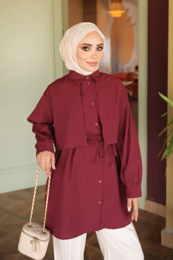 Bordo Rüzgarlık Detaylı Bel Bağlamalı Gömlek