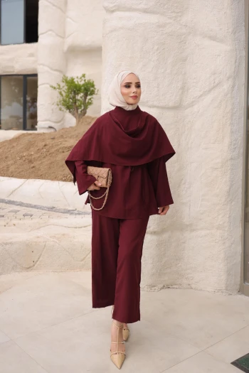 Bordo Şal Detaylı Tunik Pantolonlu Takım