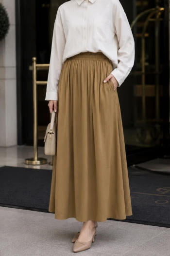 Camel Bel Lastikli Cepli Tencel Etek