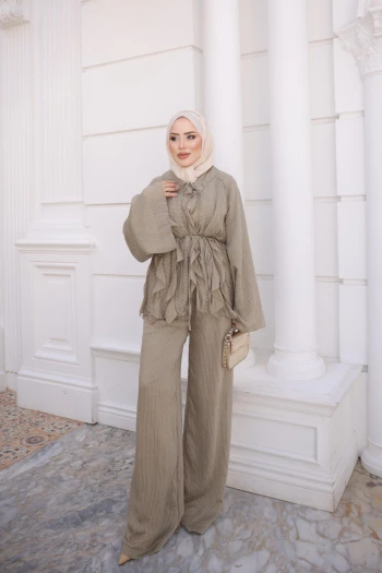 Haki Nakış İşlemeli Kimono Patolonlu Takım