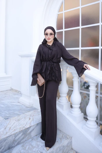 Kahverengi Nakış İşlemeli Kimono Patolonlu Takım