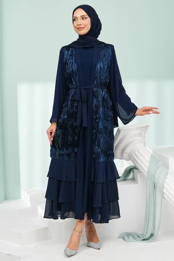 Lacivert Eteği Katlı Fırfırlı İkili Abaya Takım