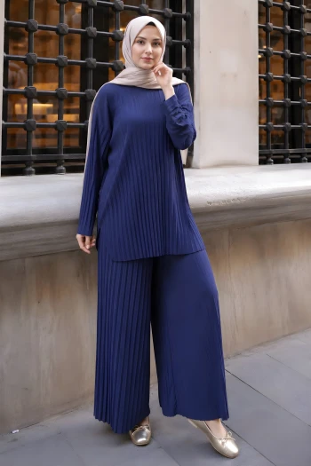 Lacivert Piliseli Sandy Tunik Pantolon Takım