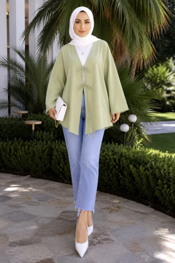 Olive Ön Bağlamalı Kimono
