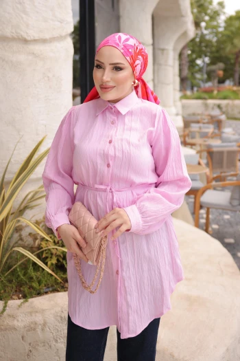 Pembe Bel İp Bağlamalı Tunik Gömlek