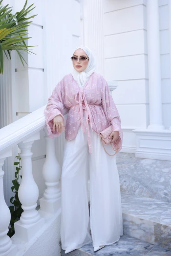 Pembe Nakış İşlemeli Kimono Patolonlu Takım