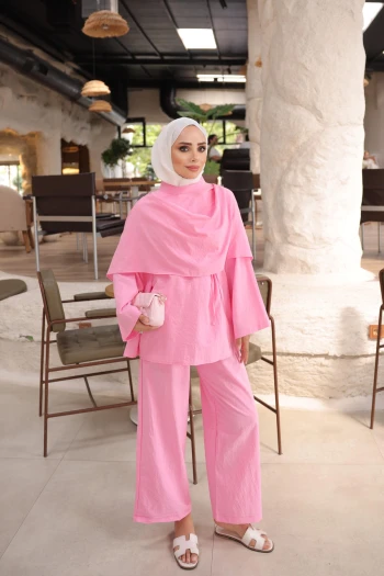 Pembe Şal Detaylı Tunik Pantolonlu Takım