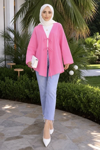 Şeker Pembesi Ön Bağlamalı Kimono
