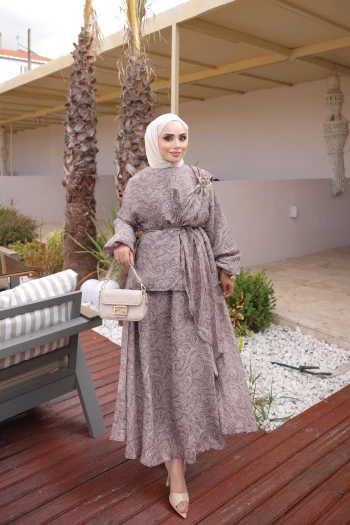 Vizon Desenli Şal Detaylı Etekli Takım
