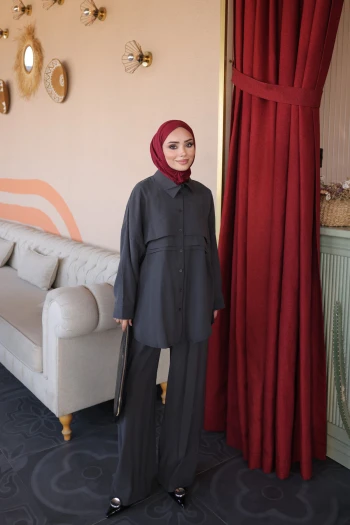 Antrasit Gömlek Yaka Tunik Pantolonlu Takım