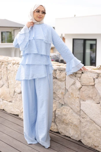 Bebe Mavi Önü Katlı Tunik Pantolonlu Takım