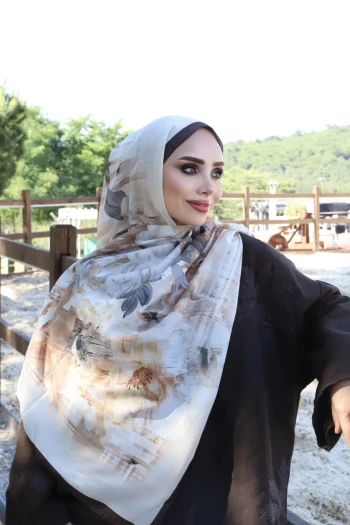Bej Aqua Çiçek Desenli Soft Şal
