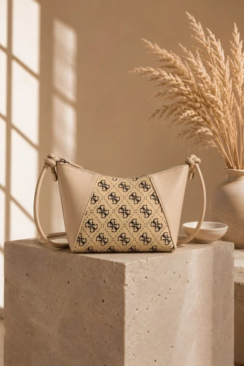 Bej Monogram Desenli Mini Omuz Çantası