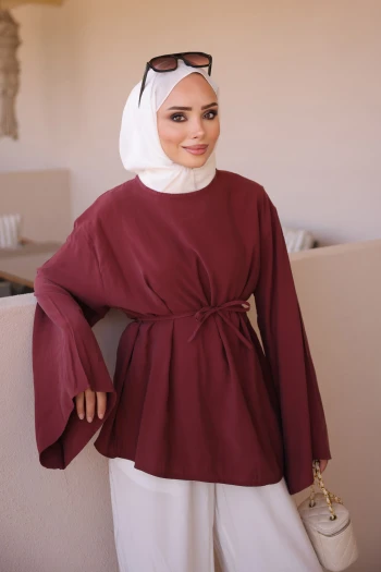 Bordo Asimetrik Kesim Bel Bağlamalı Bluz