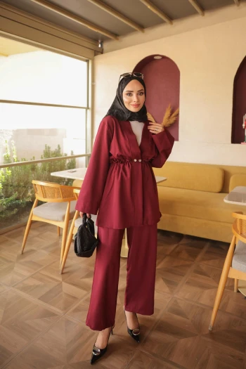 Bordo Bel Fırfırlı Lastikli Çift Düğmeli Ceket Pantolonlu Takım