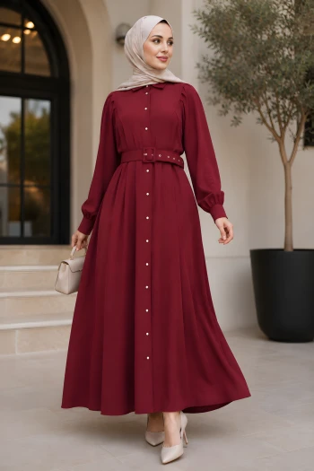 Bordo Bel Kemerli Elbise