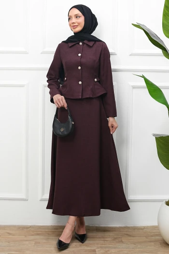 Bordo Düğmeli Ceket Etekli Takım
