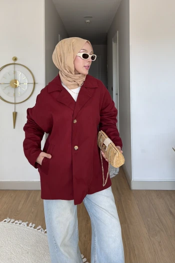 Bordo Düğmeli Oversize Kanvas Ceket