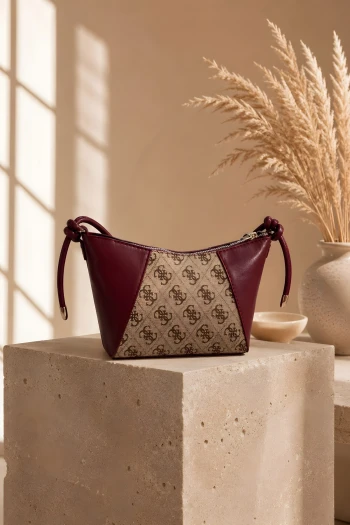 Bordo Monogram Desenli Mini Omuz Çantası