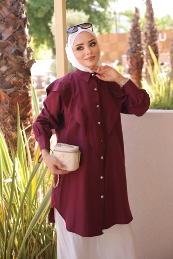 Bordo Ön Detaylı Kol Bağlamalı Tunik