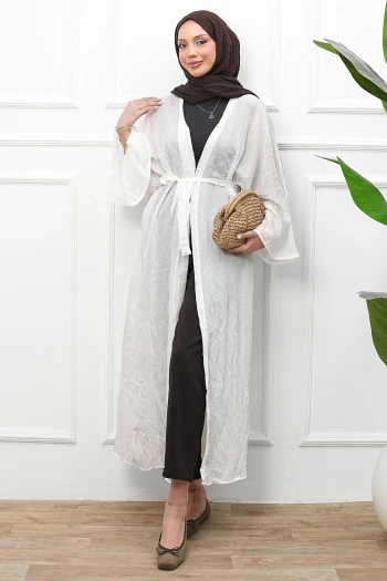 Ekru Bel Bağlamalı Uzun Kimono
