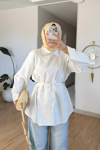 Ekru Biye Bağcıklı Salaş Tunik