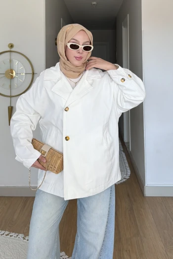 Ekru Düğmeli Oversize Kanvas Ceket