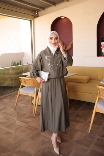Haki Yıldız Taş İşlemeli Ceket Etekli Takım