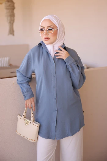 İndigo Düğmeli Tencel Gömlek