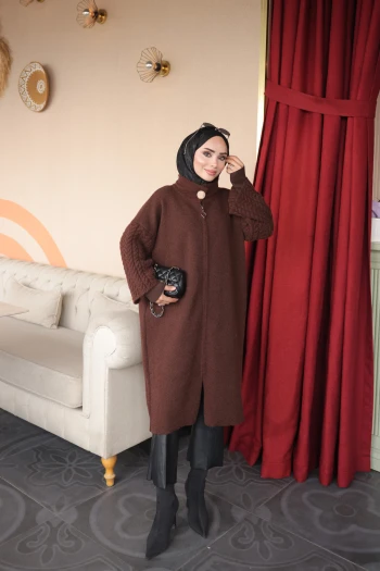 Kahverengi Fermuarlı Çift Kol Keçe Hırka