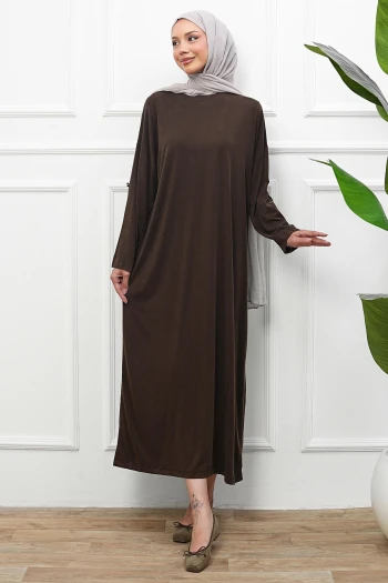 Kahverengi Kol Katlı Oversize Modal Elbise