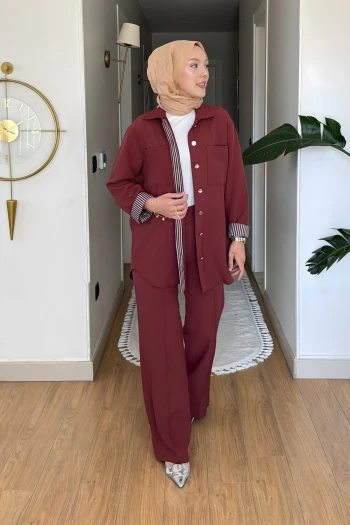 Kiremit Gömlek Yaka Garni Detaylı Tunik Pantolon Takım