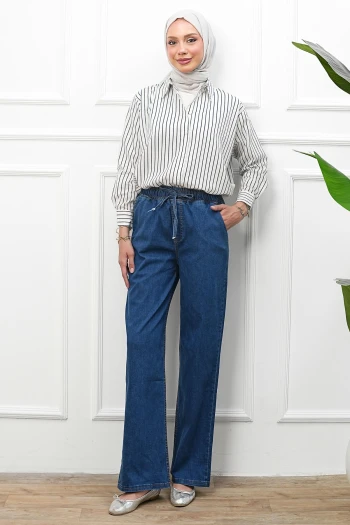 Lacivert Bel Lastikli Geniş Paça Kot Pantolon