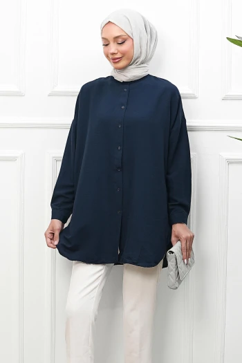 Lacivert Düğmeli Basic Salaş Tunik