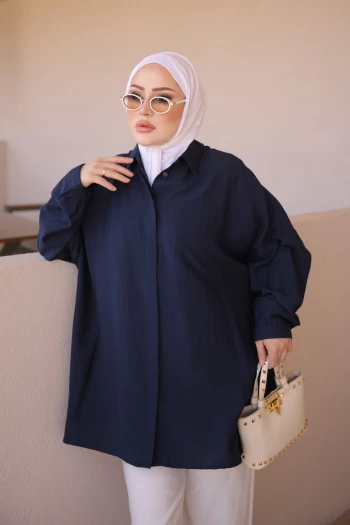 Lacivert Gizli Düğmeli Oversize Gömlek