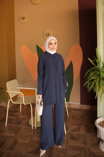 Lacivert Gömlek Yaka Tunik Pantolonlu Takım
