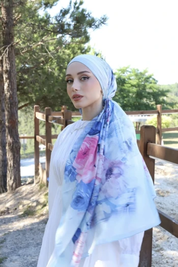 Mavi Aqua Çiçek Desenli Soft Şal