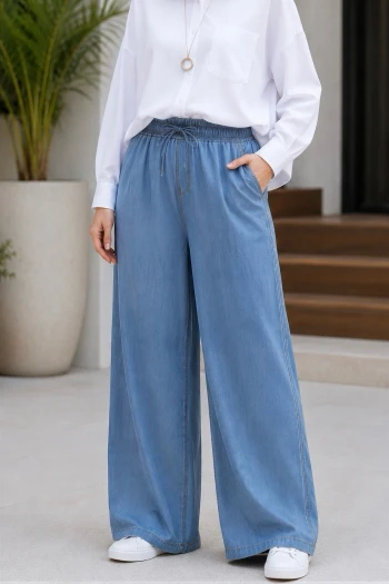 Mavi Bel Lastikli Geniş Paça Tencel Pantolon