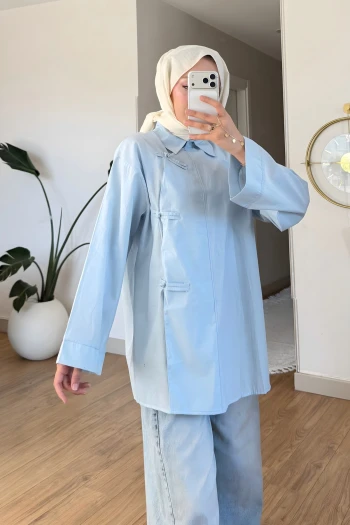 Mavi Biye Bağcıklı Salaş Tunik