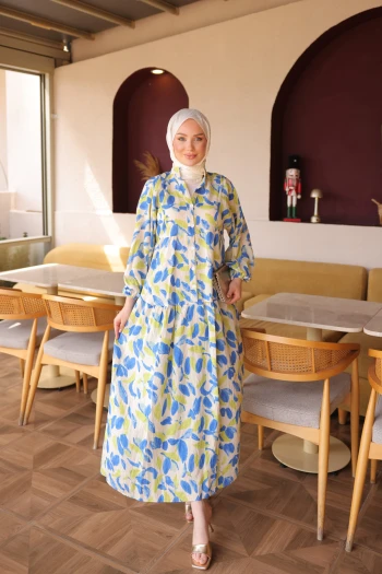 Mavi Yarım Düğmeli Kol Lastikli Desenli  Elbise