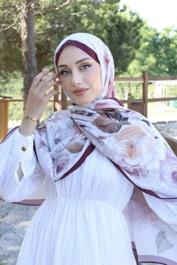 Mürdüm Aqua Çiçek Desenli Soft Şal