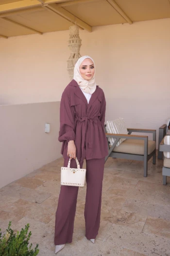 Mürdüm Bel Bağlamalı Ceket Pantolonlu Takım