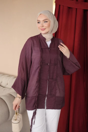 Mürdüm Biye Düğmeli Kimono