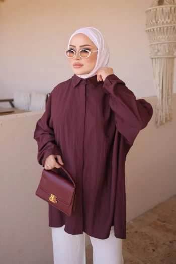 Mürdüm Gizli Düğmeli Oversize Gömlek